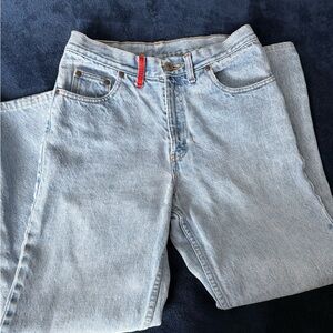 Light Wash Straight Leg Jeans with Red Belt Loop Accent